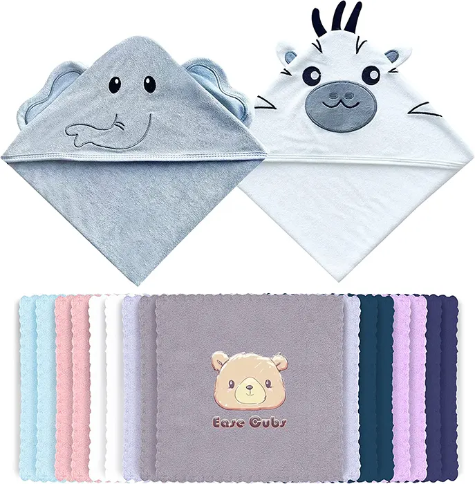 Ease Cubs 18-Piece Bamboo Baby Bath Towel and Microfiber Washcloth Sets