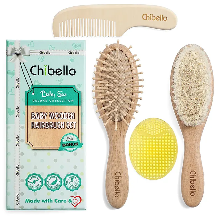 Hibello 4 Piece Wooden Baby Hair Brush and Comb Set
