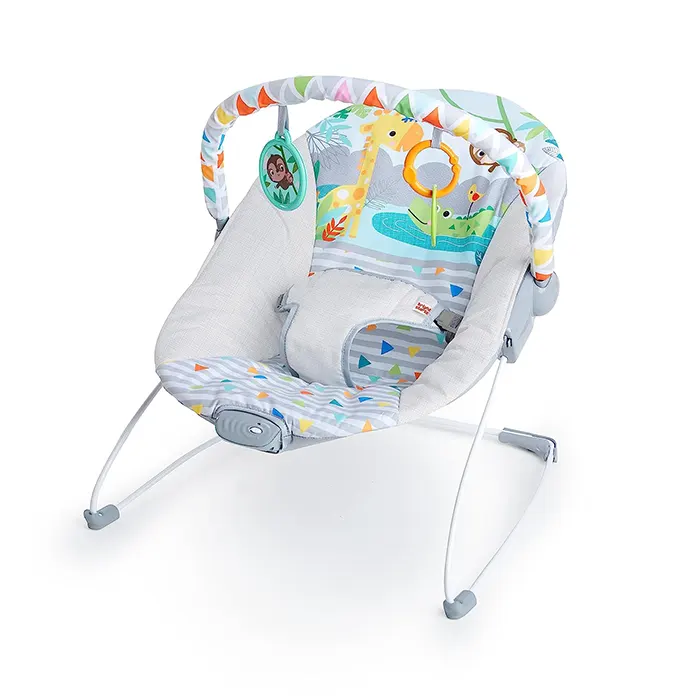 Bright Starts Safari Fun 3-Point Harness Vibrating Baby Bouncer with Toy Bar