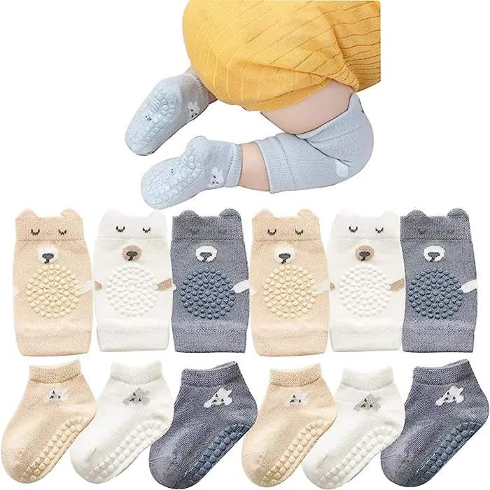 ISANPAN Unisex Baby Crawling Anti-Slip Knee Pads and Socks Set